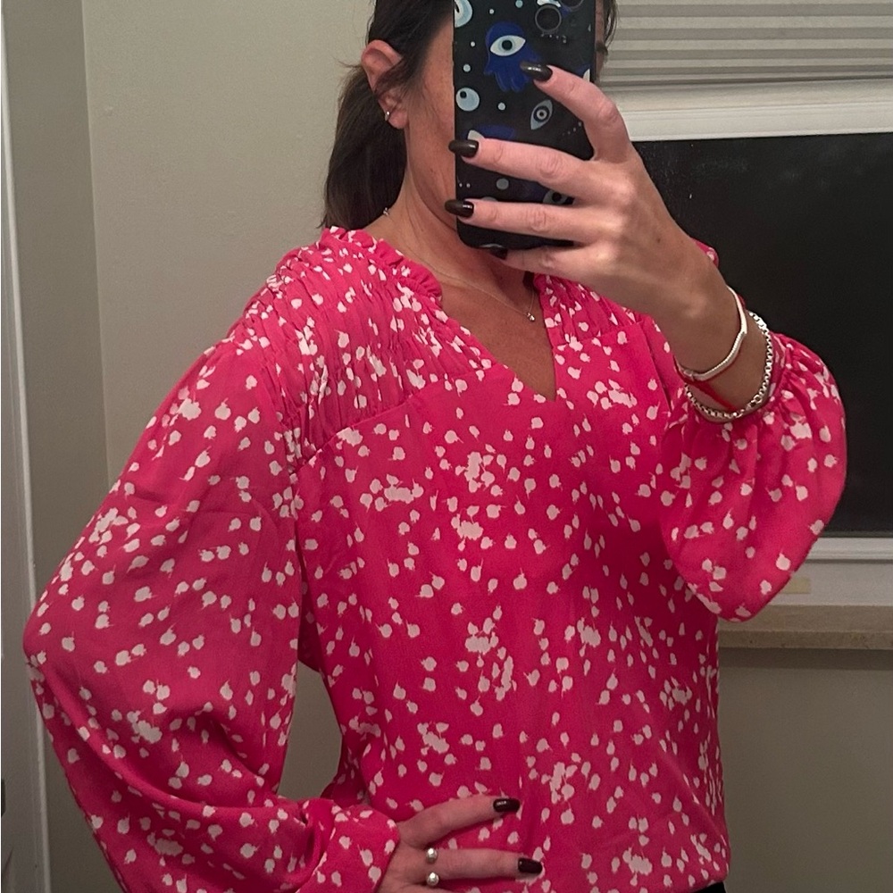 Women's Pink Printed V-Neck Long-Sleeve Blouse